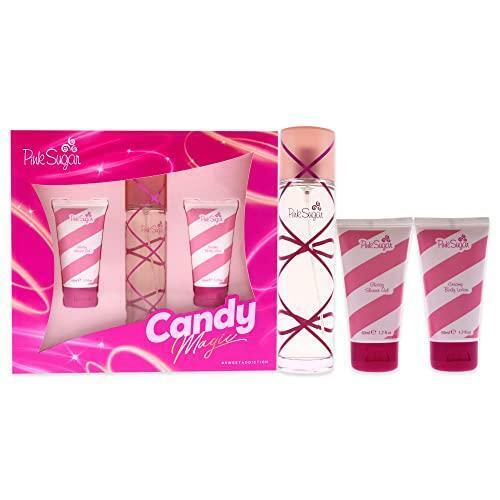 Set - Aquolina Pink Sugar 100ml EDT Spray + 50ml Shower Gel + 50ml Creamy Body Lotion for Women